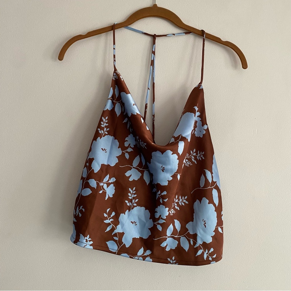 Satin Cowl Neck Cami Spaghetti Strap Open Back Tank Top Brown Light Blue Floral